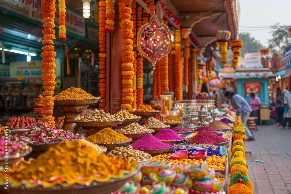 A bustling market scene with stalls selling Diwali decorations, sweets, and colorful rangoli powders, capturing the festive spirit. A bustling market scene with stalls selling Diwali decorations, sweets, and colorful rangoli powders, capturing the festive spirit.