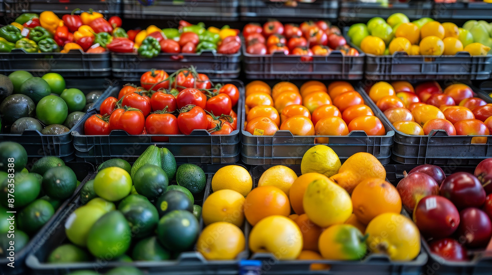 Rows of fruits and vegetables neatly arranged on a shelf in a supermarket or grocery store.