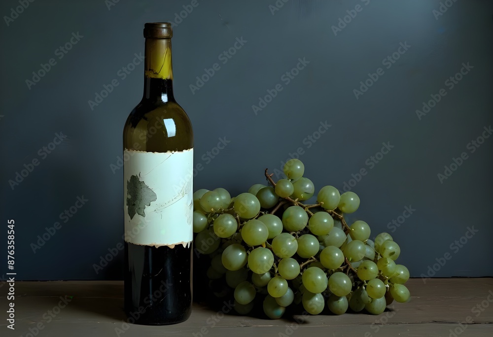 Obraz premium A bottle of red wine with a label, surrounded by green grapes on a wooden surface against a dark background, white empty label, free space fror grand or writings