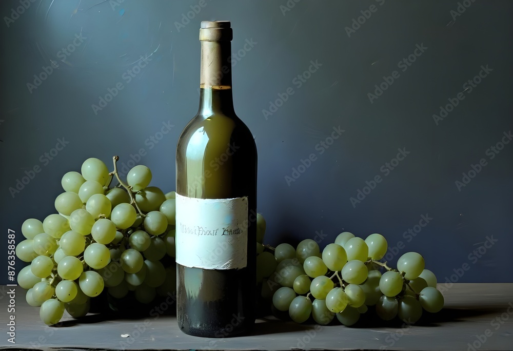 Obraz premium A bottle of red wine with a label, surrounded by green grapes on a wooden surface against a dark background, white empty label, free space fror grand or writings
