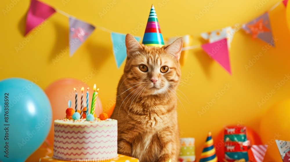 Obraz premium International Cat Day Concept With A Golden British Cat Playing Joyfully With A Birthday Theme