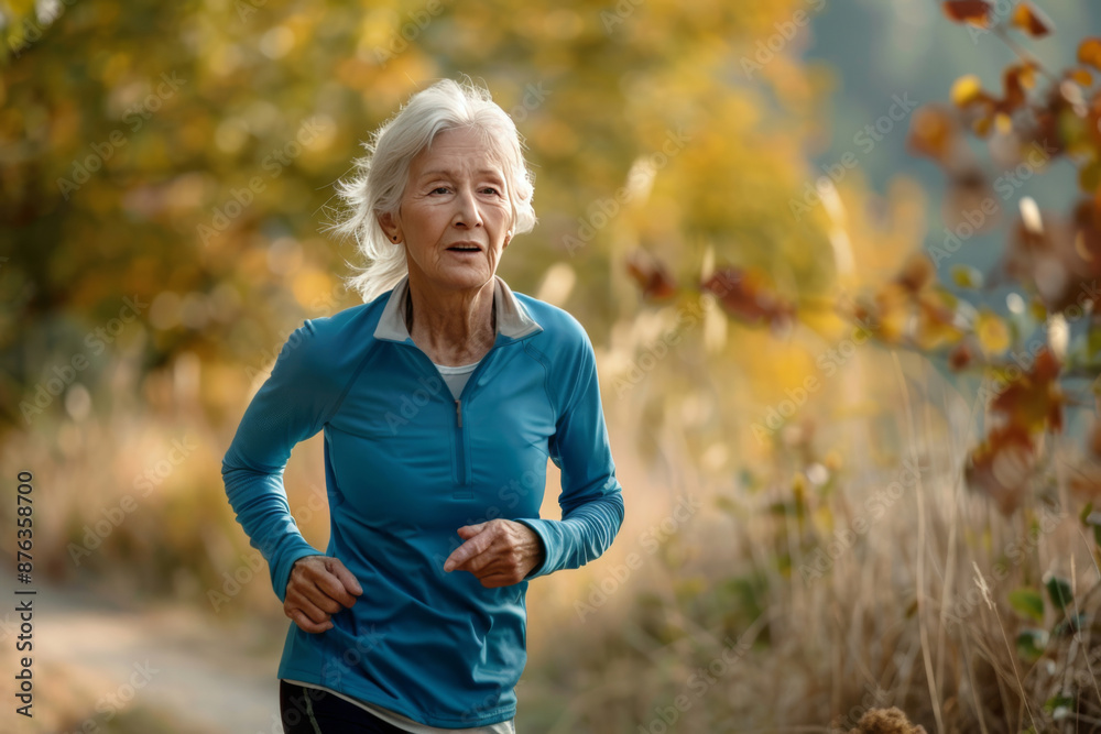 Senior woman enjoying a jog in the forest Senior woman enjoying a jog in the forest