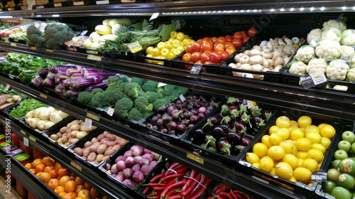 Wallpaper Mural Rows of fruits and vegetables neatly arranged on a shelf in a supermarket or grocery store. Torontodigital.ca