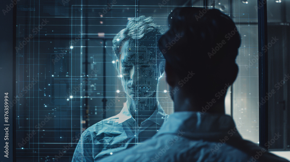 A human businessman interacts with a holographic AI, showcasing the advanced communication between humans and artificial intelligence A human businessman interacts with a holographic AI, showcasing the advanced communication between humans and artificial intelligence