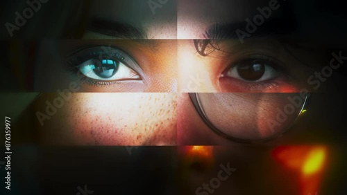 Diversity concept - mosaic with faces of men and women morphing between each other - different nations, skin colors - camera zoom on face