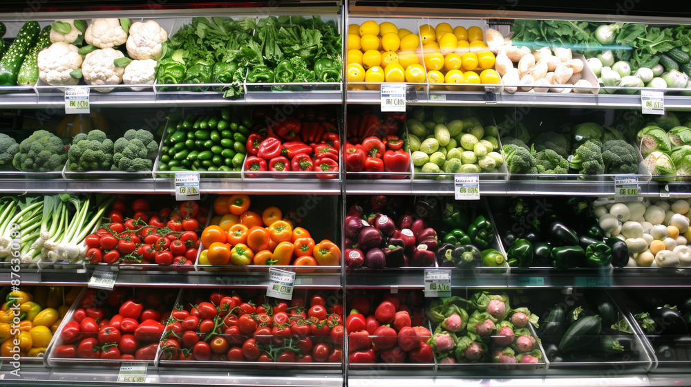 Rows of fruits and vegetables neatly arranged on a shelf in a supermarket or grocery store. Rows of fruits and vegetables neatly arranged on a shelf in a supermarket or grocery store.