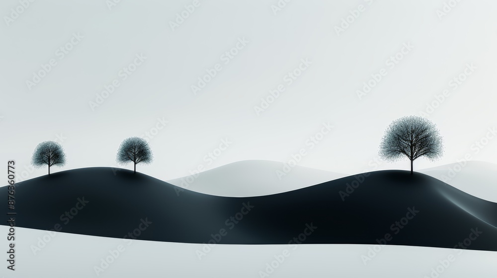 Minimalist foggy hills with tree line silhouette, elegant script, HD, 3D render, isolated on white, focus cover all object, deep dept of field Minimalist foggy hills with tree line silhouette, elegant script, HD, 3D render, isolated on white, focus cover all object, deep dept of field