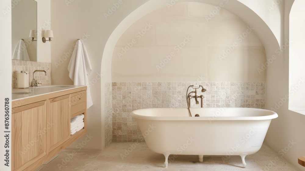 Mediterranean bathroom with arched alcoves, mosaic tiles, freestanding bathtub with vintage faucet, wooden vanity Mediterranean bathroom with arched alcoves, mosaic tiles, freestanding bathtub with vintage faucet, wooden vanity