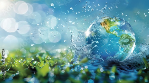 Fototapeta Naklejka Na Ścianę i Meble -  World Water Week. Horizontal banner. Blue drop of water symbolizing planet earth on a blue background. Save water and environment concept. Climate change problem. Free space for text