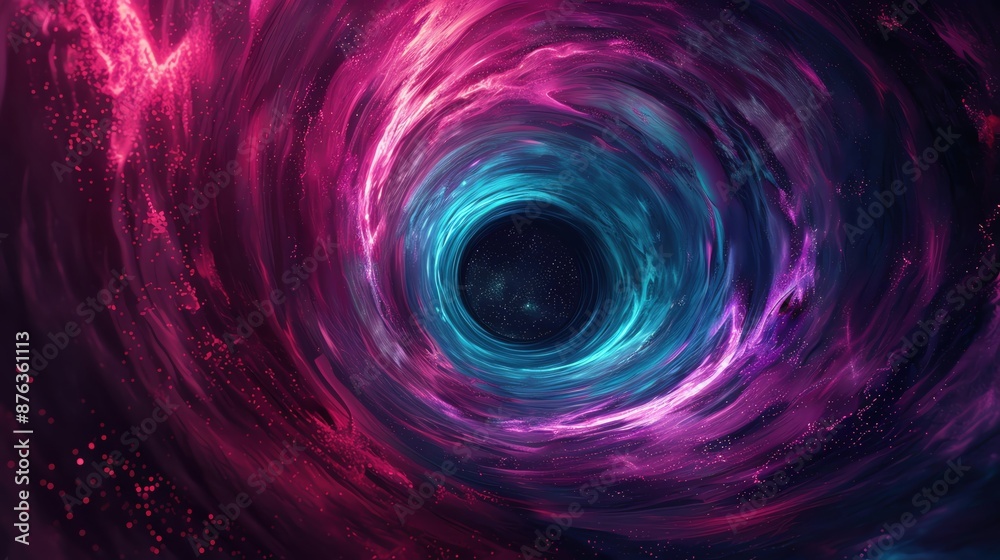 A swirling vortex of pink and blue light surrounds a black hole in space. A swirling vortex of pink and blue light surrounds a black hole in space.