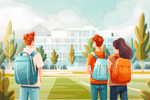 Three students with backpacks stand in front of a school building. They look at the building, ready to start the new school year.