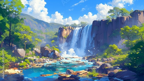 Breathtaking Waterfall Landscape. Serene Nature Scene with Lush Forest, Blue Sky, and Crystal Clear Water