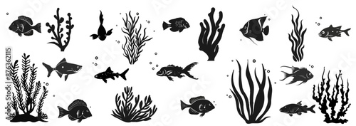 Silhouette Collection of Fish and Seaweed Illustration. Summer marine retro collection. Marine Life Vector Set. Ocean animal illustration