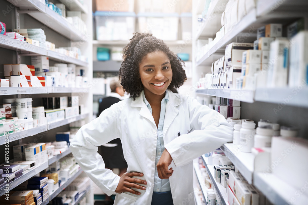Healthcare, pharmacist and black woman in shop, portrait and inventory of shelf with medicine for shortage. Pharmacy, proud and person in coat, smile and happy with oath to save lives in store Healthcare, pharmacist and black woman in shop, portrait and inventory of shelf with medicine for shortage. Pharmacy, proud and person in coat, smile and happy with oath to save lives in store