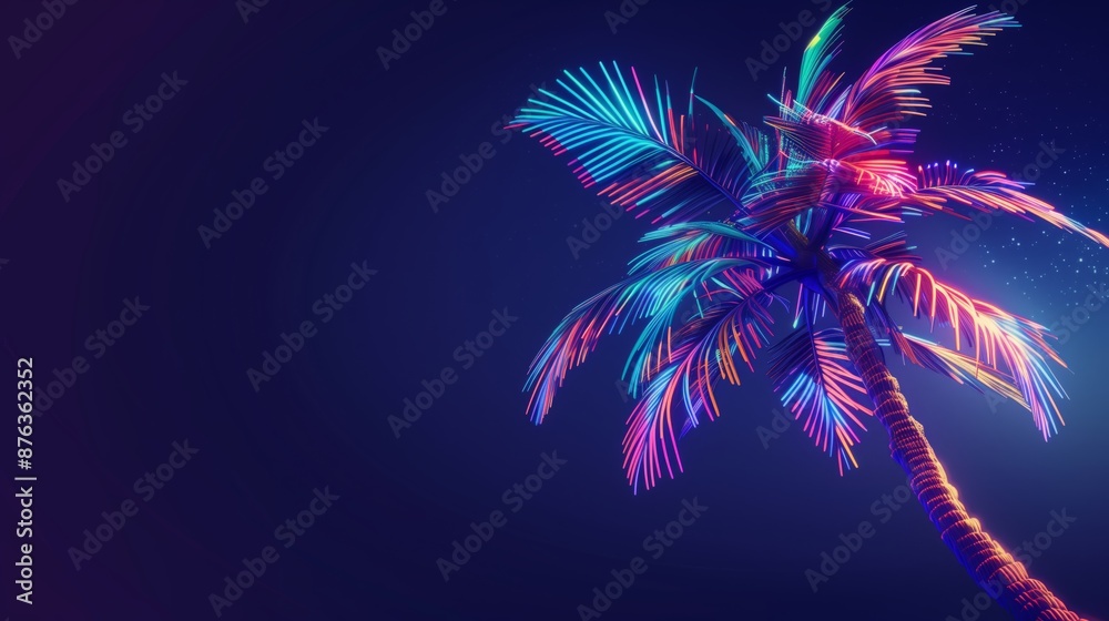 Vibrant Neon Palm Tree Glowing Against Dark Background - Summer Tropical Vibes Vibrant Neon Palm Tree Glowing Against Dark Background - Summer Tropical Vibes