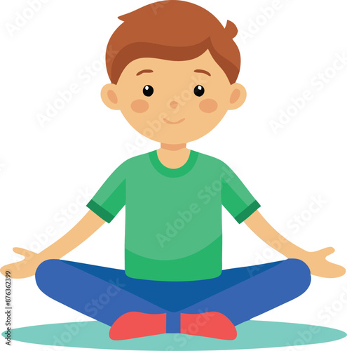 Child meditating, young boy sitting cross-legged in a peaceful and relaxed posture.