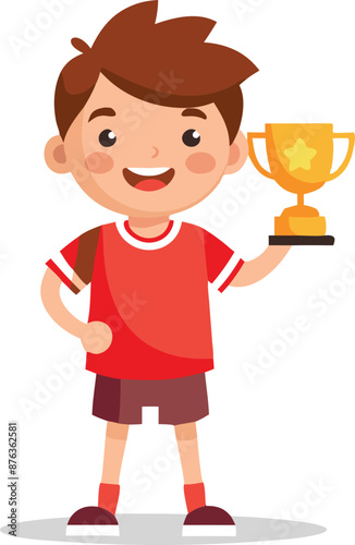 Young boy proudly holding a trophy. Celebrating a victory or achievement in sports.