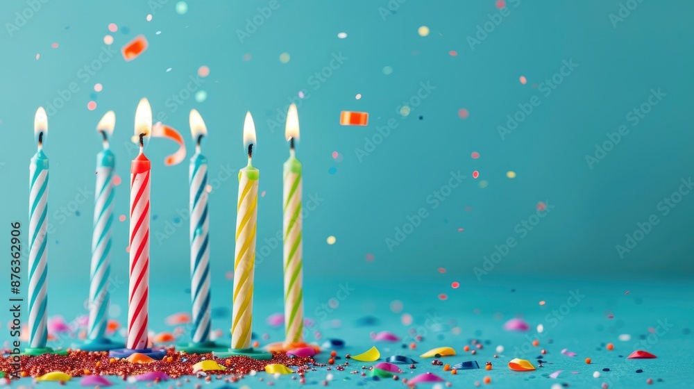 Multicolored Birthday Candles With Red Glitter On A Blue Background, Creating A Festive Scene Multicolored Birthday Candles With Red Glitter On A Blue Background, Creating A Festive Scene