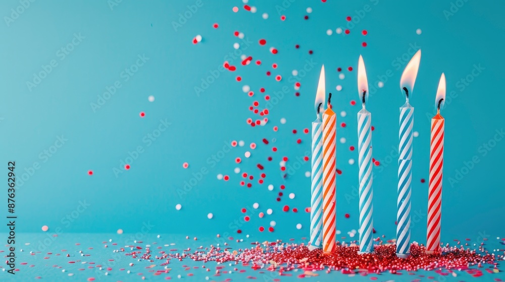 Multicolored Birthday Candles With Red Glitter On A Blue Background, Creating A Festive Scene Multicolored Birthday Candles With Red Glitter On A Blue Background, Creating A Festive Scene