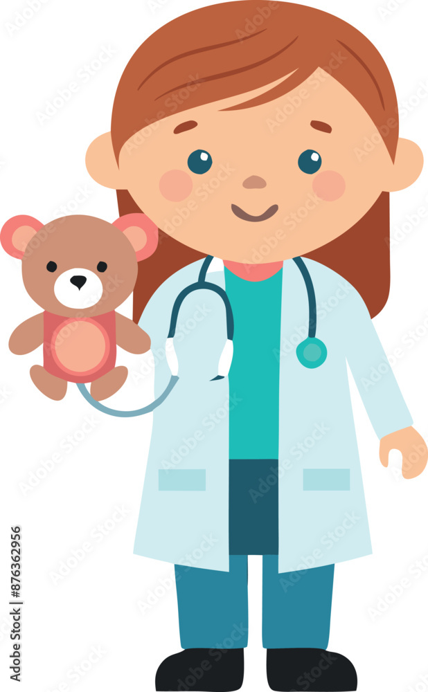 Illustration of a young boy in a doctor's outfit holding a teddy bear Illustration of a young boy in a doctor's outfit holding a teddy bear