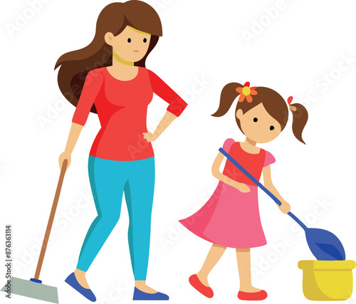 A mother and daughter cleaning the house together, the mother sweeping the floor while the daughter holds a bucket.