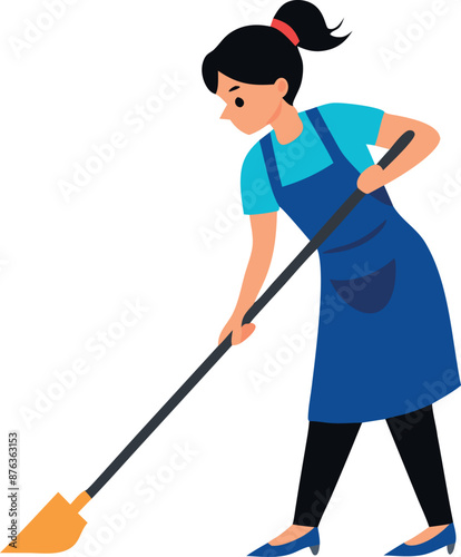 A woman dressed in a blue apron, sweeping the floor with a broom.