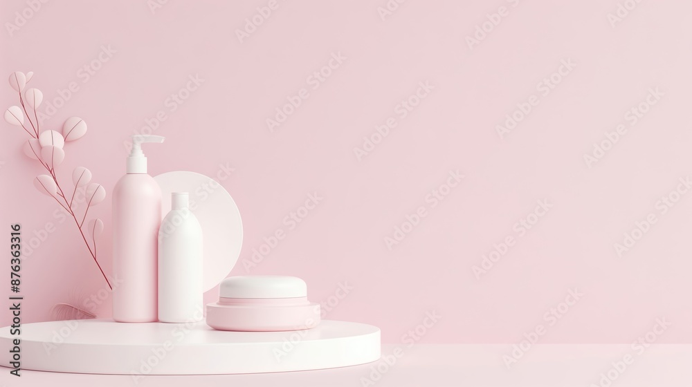 A white and pink background with a white and pink display of beauty products. Product presentation background A white and pink background with a white and pink display of beauty products. Product presentation background
