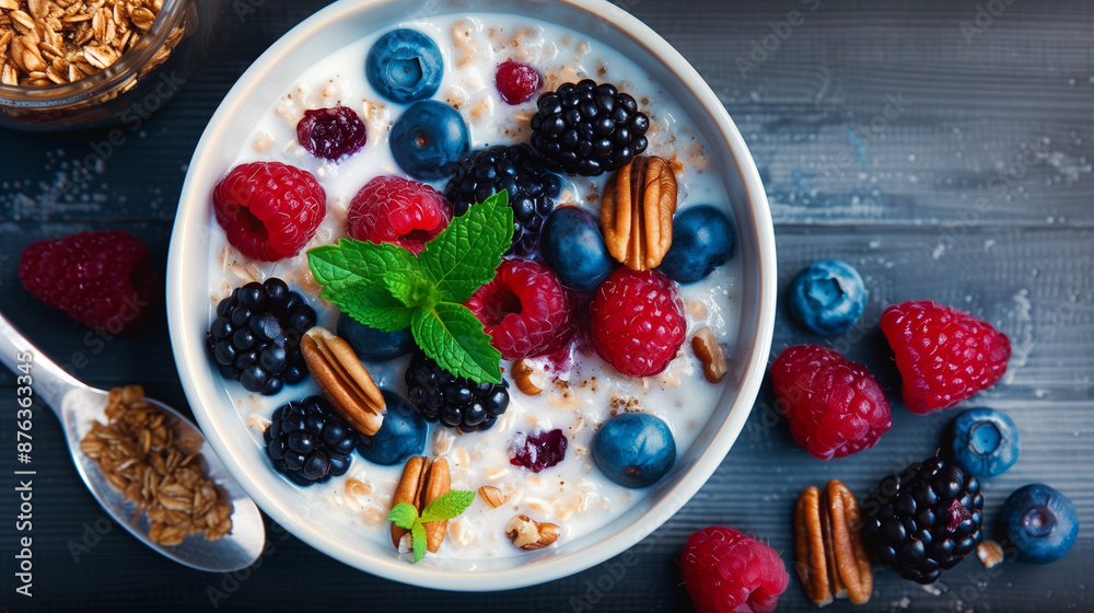 A morning cup of cereal with blueberries and milk A morning cup of cereal with blueberries and milk