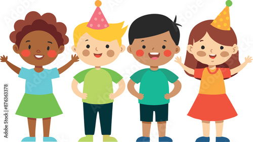 Illustration of diverse children standing together, celebrating friendship and diversity.