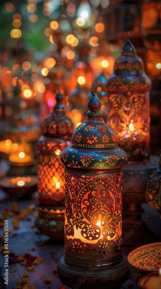 A collection of beautifully designed candles and lanterns glowing softly, creating a warm and inviting ambiance for diwali A collection of beautifully designed candles and lanterns glowing softly, creating a warm and inviting ambiance for diwali