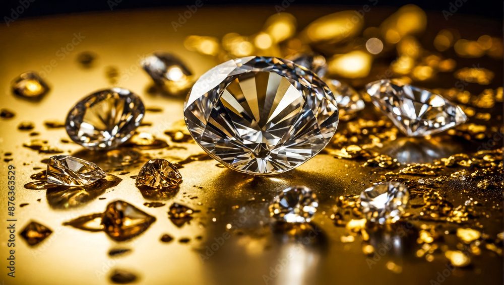 several gemstones, diamonds, placed on a reflective golden surface with vibrant lighting that creates colorful reflections several gemstones, diamonds, placed on a reflective golden surface with vibrant lighting that creates colorful reflections