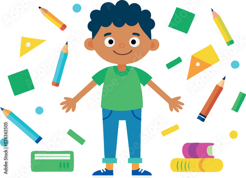 Illustration of a boy surrounded by school supplies ready to learn