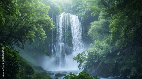 Serene Waterfall in Lush Green Forest. A Nature Lover's Paradise