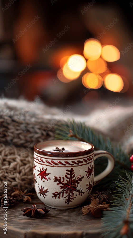 Fototapeta premium A cozy scene of a festive mug filled with hot drink, placed on a table near a softly glowing fireplace.