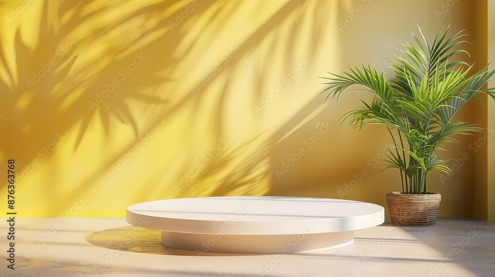 A white pedestal with a plant in a basket sits in front of a yellow wall. Product presentation background A white pedestal with a plant in a basket sits in front of a yellow wall. Product presentation background
