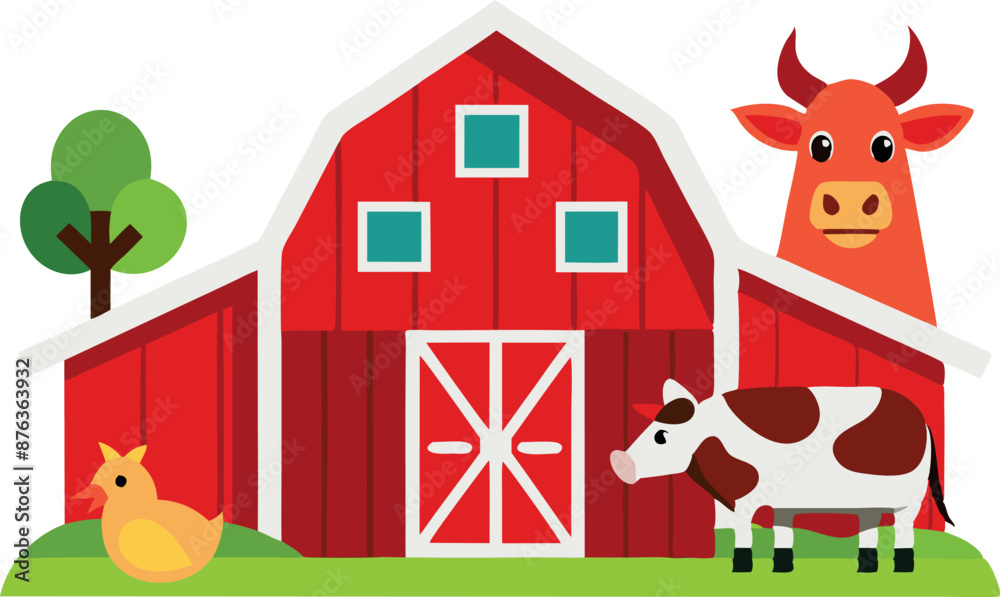 Fototapeta premium A lively farm illustration featuring a red barn, cows, a tree, and other farm elements, capturing the essence of farm life.