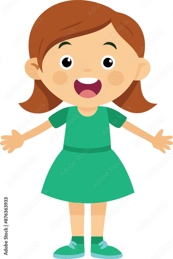 A cute girl in a green dress, smiling and standing with arms open, representing happiness and innocence. A cute girl in a green dress, smiling and standing with arms open, representing happiness and innocence.