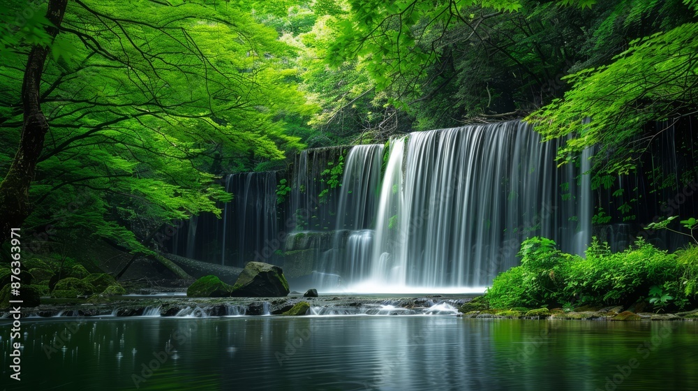 Serene Waterfall cascading through lush green forest, creating a tranquil natural landscape. Concept of nature, beauty, peace, and environment