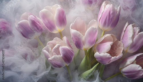 Blumen, rosa Tulpen im Rauch. Abstrakter floraler Hintergrund, leerer Raum. Blumentapete photo
