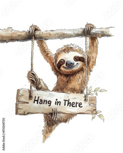 a sloth hanging from a branch with a sign 