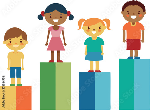 Kids standing on blocks in a playful setting, representing growth and development in children. Great for educational and developmental content.