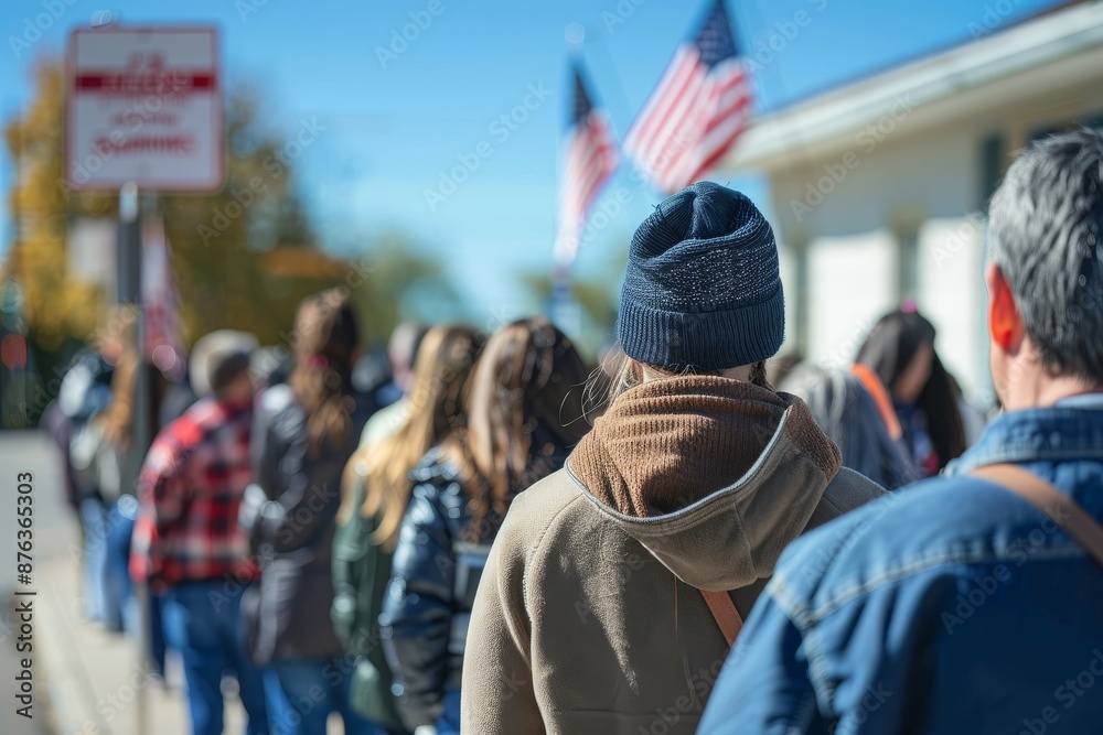 presidential elections in the USA. A diverse group of voters standing in line outside a polling station, with a clear blue sky and American flags flying above. Blurred image presidential elections in the USA. A diverse group of voters standing in line outside a polling station, with a clear blue sky and American flags flying above. Blurred image