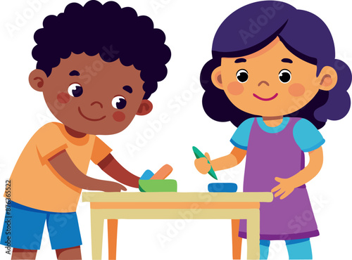 Two kids preparing food together, demonstrating teamwork and joy in the kitchen. The illustration emphasizes the fun and learning aspect of cooking.