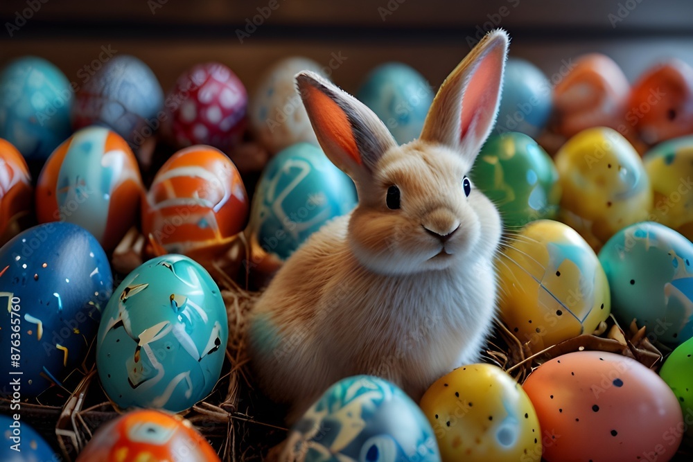 Happy Easter Bunny with many colorful easter eggs. Generative AI. Happy Easter Bunny with many colorful easter eggs. Generative AI.