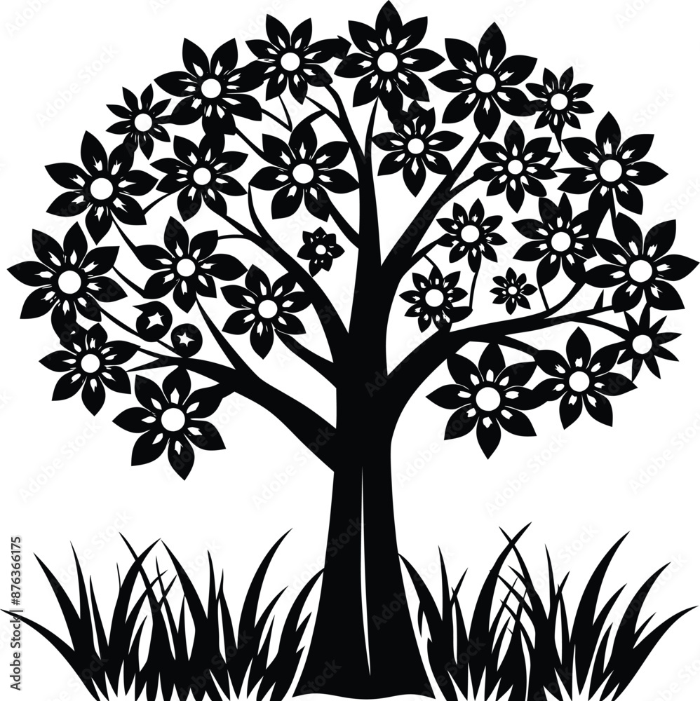 tree with grass illustration black and white