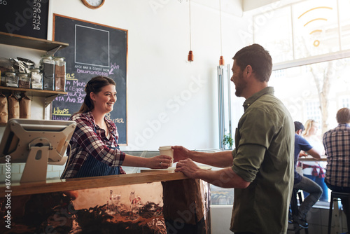 Take away, barista and man at counter with coffee, service or transaction in restaurant. Happy woman, waitress or regular customer with order for support local, cashless banking or purchase in cafe