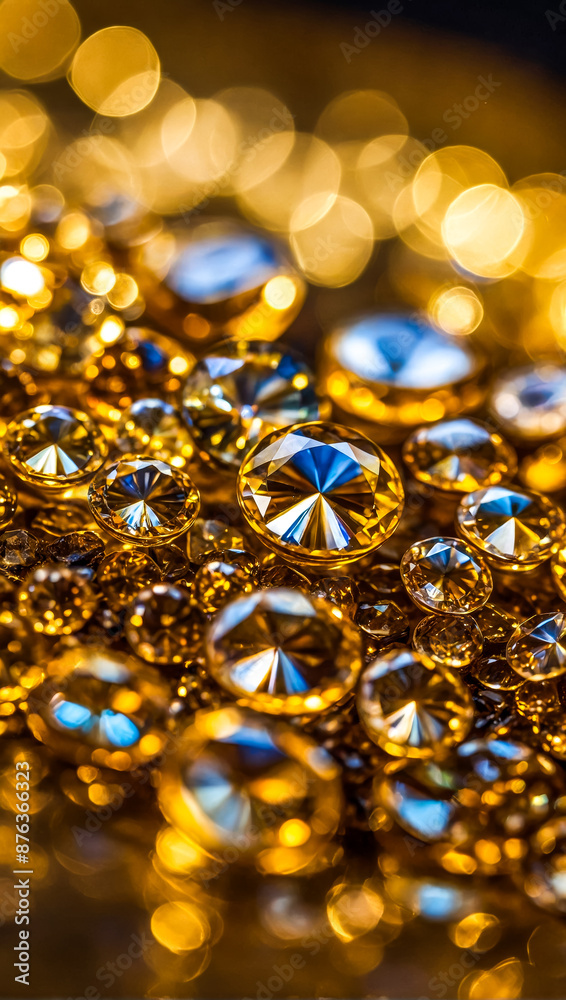 several gemstones, diamonds, placed on a reflective golden surface with vibrant lighting that creates colorful reflections several gemstones, diamonds, placed on a reflective golden surface with vibrant lighting that creates colorful reflections