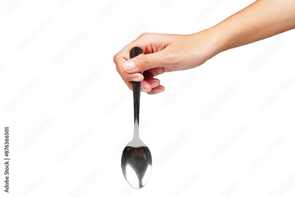 Female hand holding silver spoon isolated transparent Female hand holding silver spoon isolated transparent