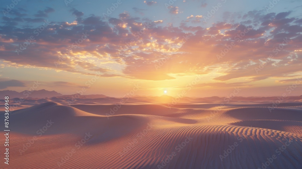 Golden Desert Sunrise with Dunes. Breathtaking sunrise over a vast desert with rippled sand dunes and a colorful sky, capturing the beauty of nature.
Golden Desert Sunrise with Dunes. Breathtaking sunrise over a vast desert with rippled sand dunes and a colorful sky, capturing the beauty of nature.