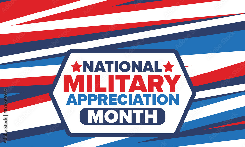 Obraz premium National Military Appreciation Month in May. Annual Armed Forces Celebration Month in United States. Patriotic american elements. Poster, card, banner and background. Vector illustration